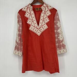 Tory Burch Embroidered Tunic Blouse Womens Size 10 Coral Floral Cotton Boho